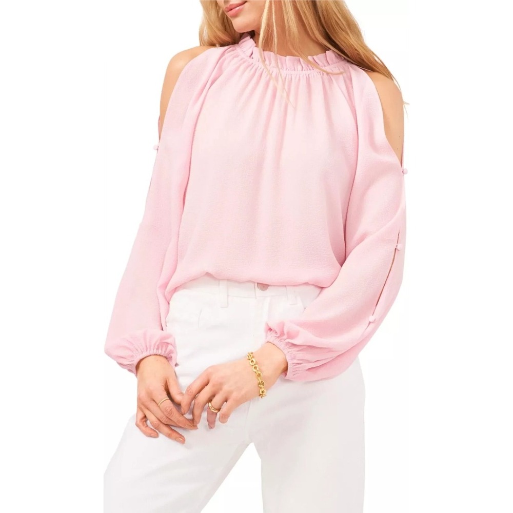 Vince Camuto Cold Shoulder Blouse Ruffle Button Long Sleeve Pink XS NWT‎ $89